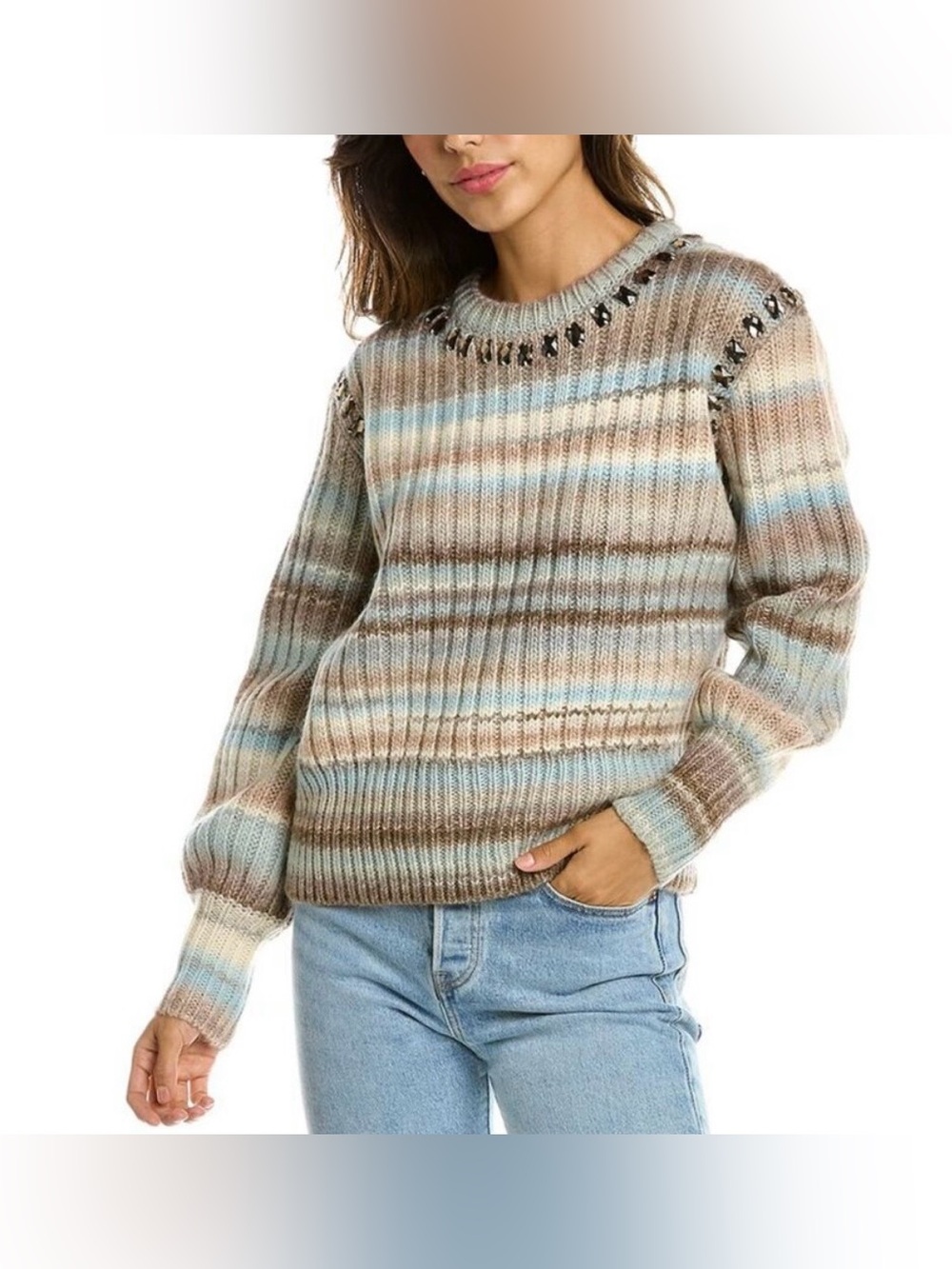 Cinq à Sept Myra Wool Blend Jeweled Sweater XXS Stripe Knit Blue Embellished